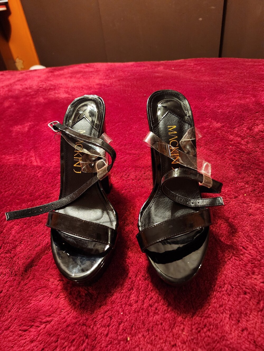 Black patent leather Mackin J heels with clear straps, size US 10 #glamour